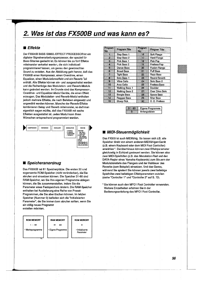 Was ist das fx500b und was kann es, Effekte, Speicheranordnug | Midi-steuermögüchkeit, H effekte, Speichefanordnug, Midi-steuermögiichkeit | Yamaha FX500B User Manual | Page 57 / 94