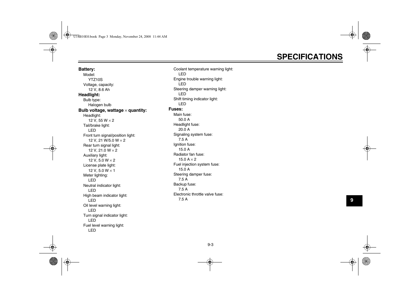 Specifications | Yamaha YZFR1Y(C) User Manual | Page 107 / 122