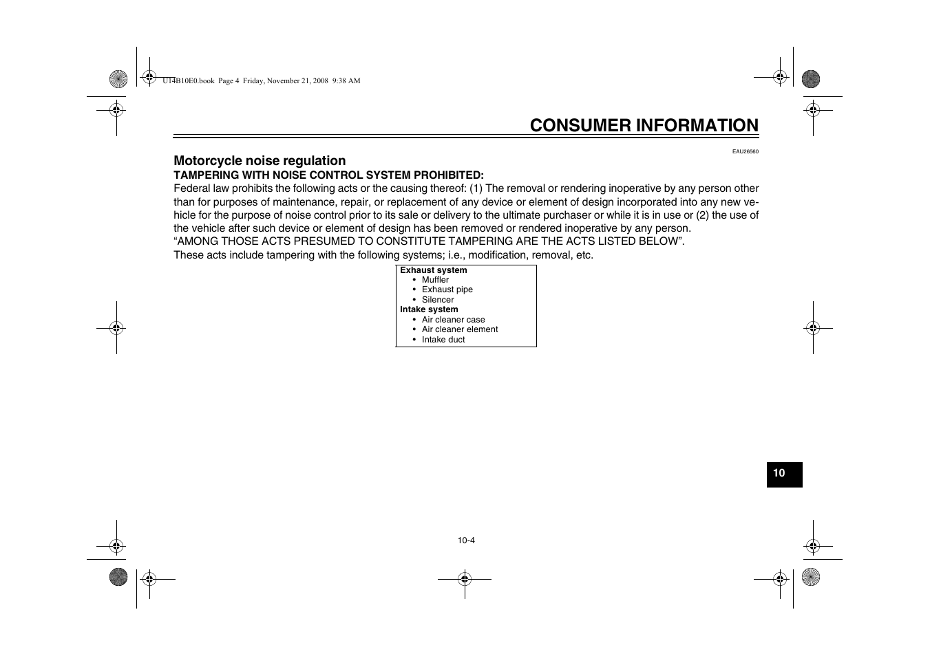 Motorcycle noise regulation -4, Consumer information, Motorcycle noise regulation | Yamaha YZFR1Y(C) User Manual | Page 111 / 122