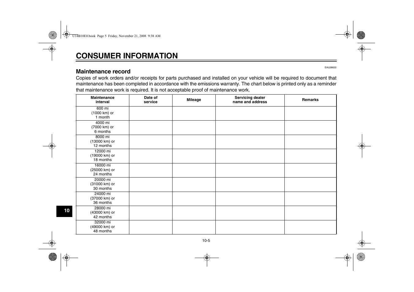 Maintenance record -5, Consumer information, Maintenance record | Yamaha YZFR1Y(C) User Manual | Page 112 / 122