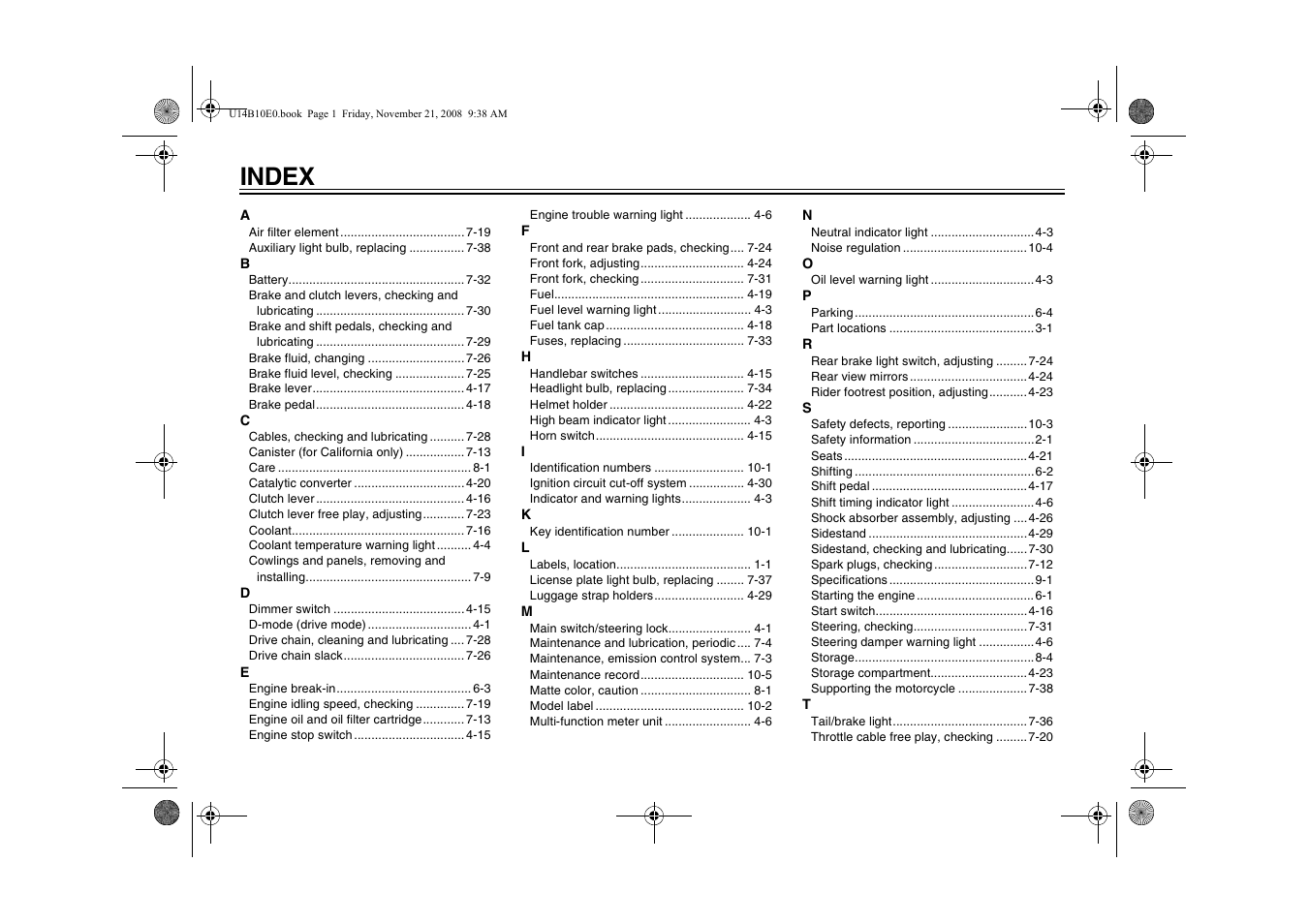 Index | Yamaha YZFR1Y(C) User Manual | Page 118 / 122