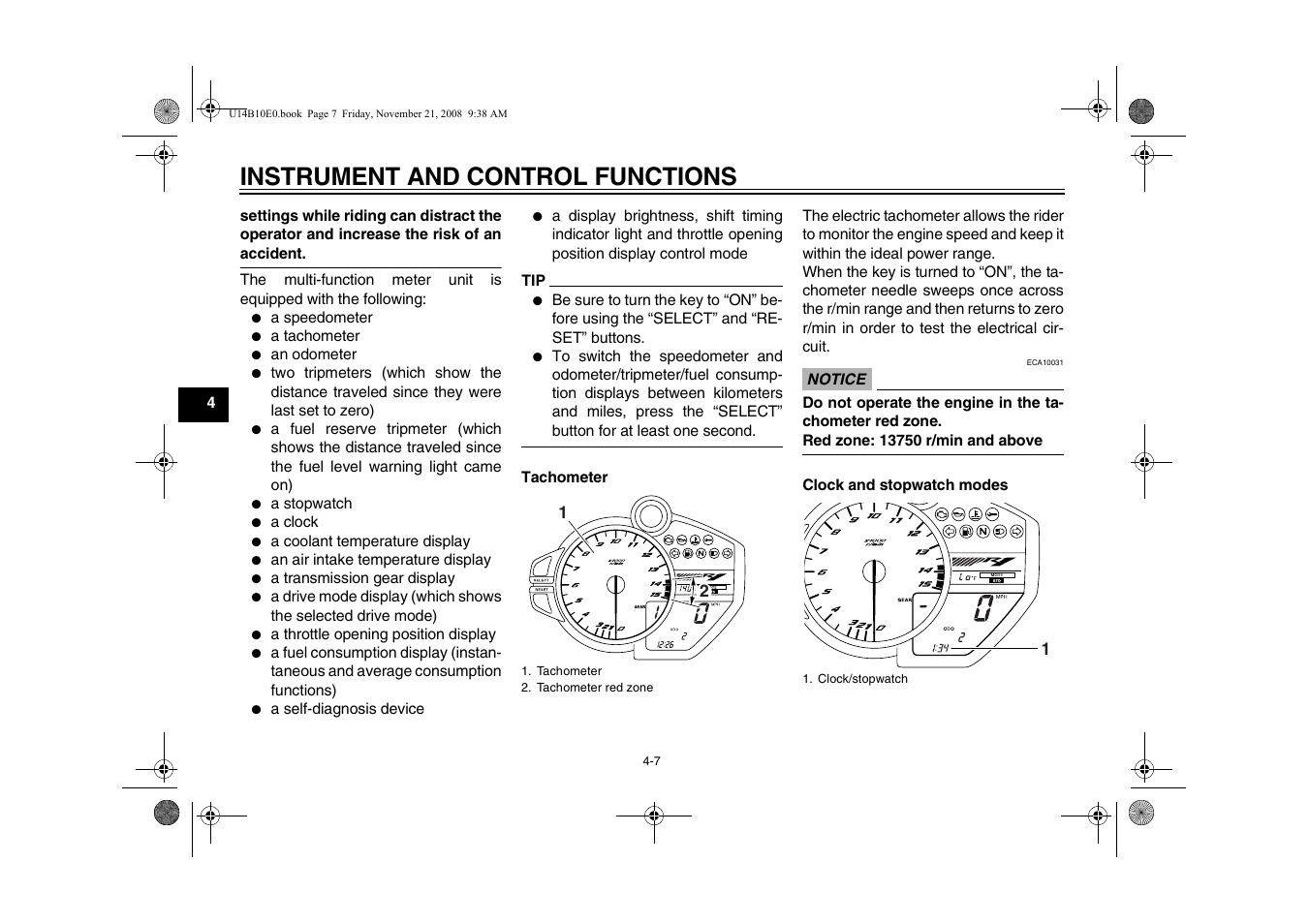 Instrument and control functions | Yamaha YZFR1Y(C) User Manual | Page 24 / 122