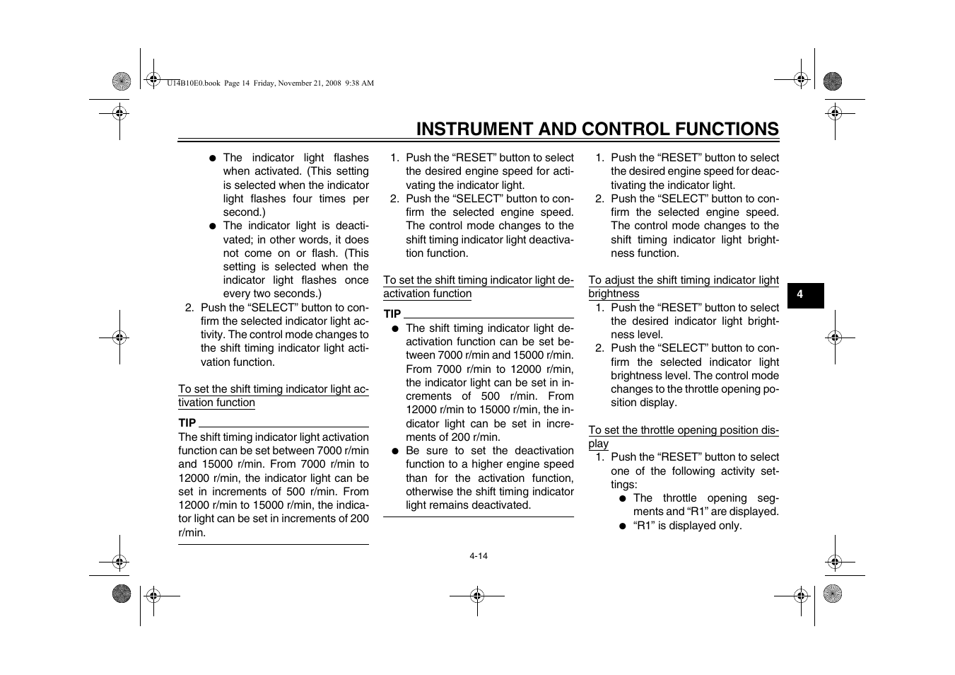 Instrument and control functions | Yamaha YZFR1Y(C) User Manual | Page 31 / 122