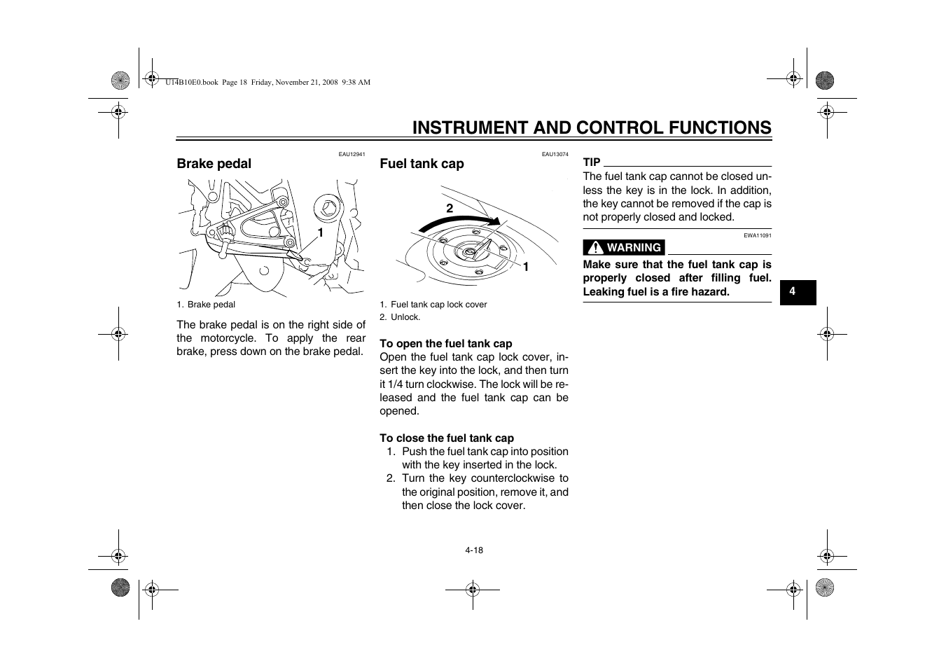 Brake pedal -18 fuel tank cap -18, Instrument and control functions | Yamaha YZFR1Y(C) User Manual | Page 35 / 122