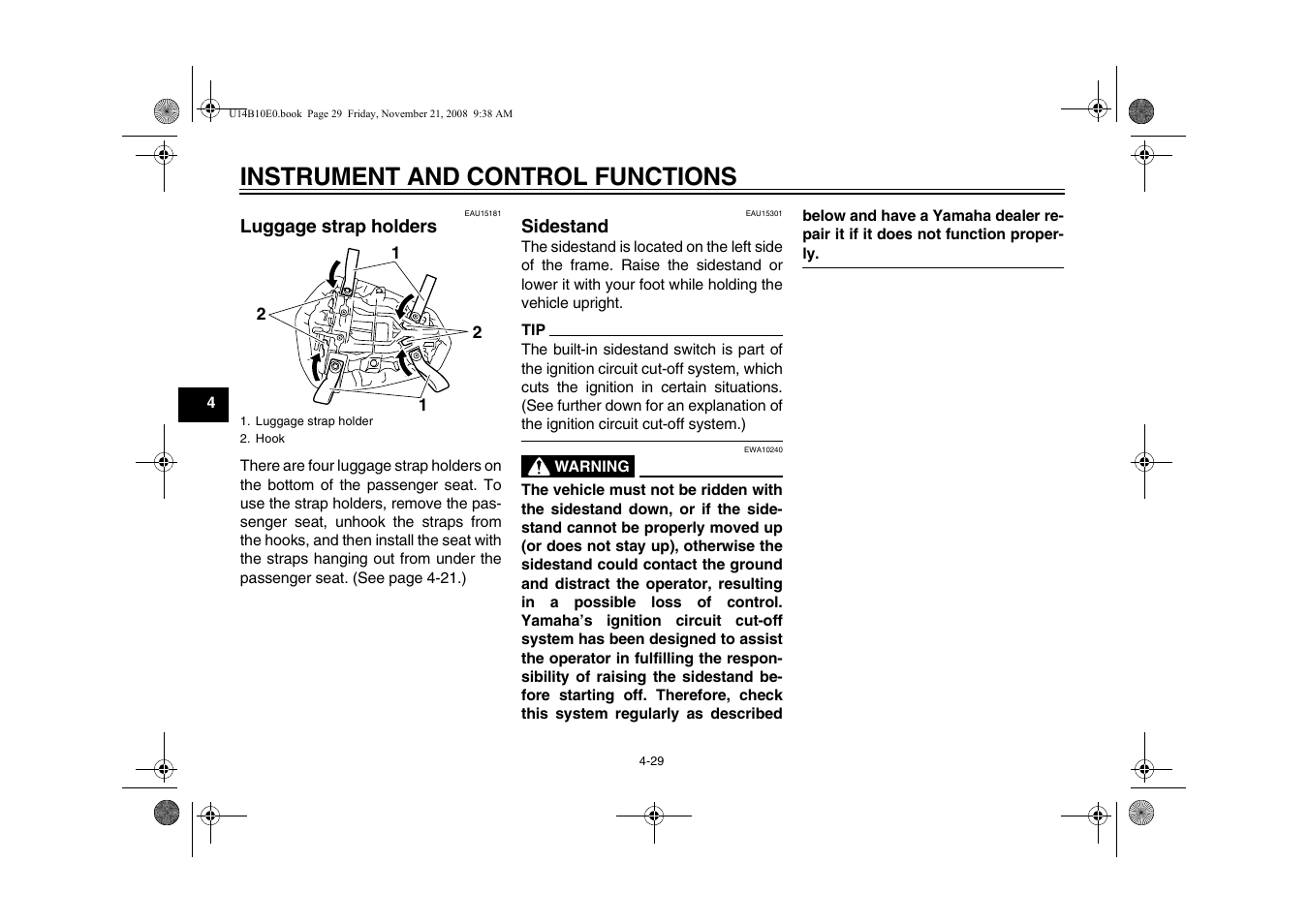 Luggage strap holders -29 sidestand -29, Instrument and control functions | Yamaha YZFR1Y(C) User Manual | Page 46 / 122