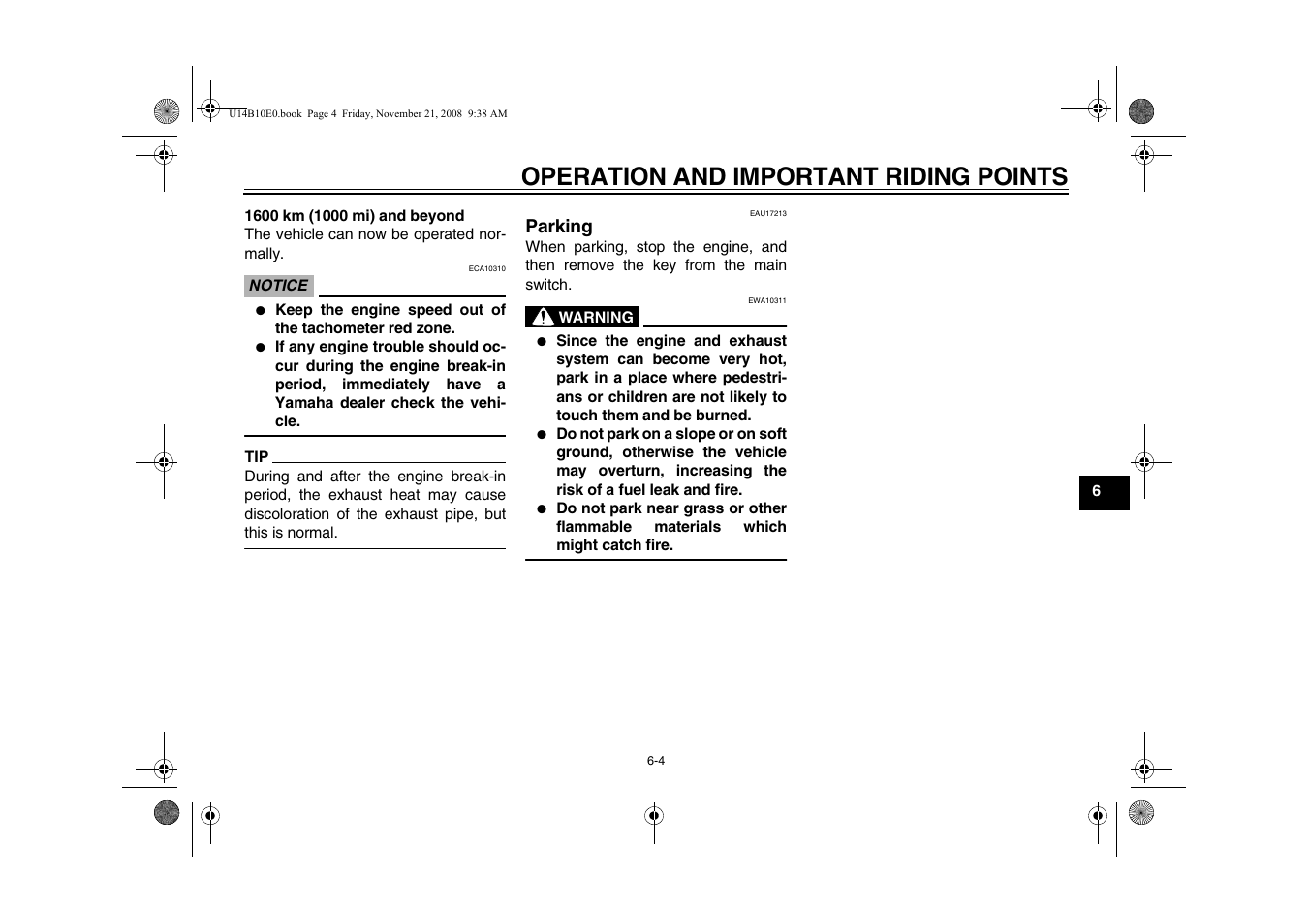 Parking -4, Operation and important riding points | Yamaha YZFR1Y(C) User Manual | Page 55 / 122