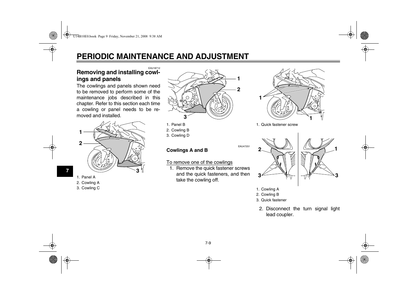 Removing and installing cowlings, And panels -9, Periodic maintenance and adjustment | Yamaha YZFR1Y(C) User Manual | Page 64 / 122