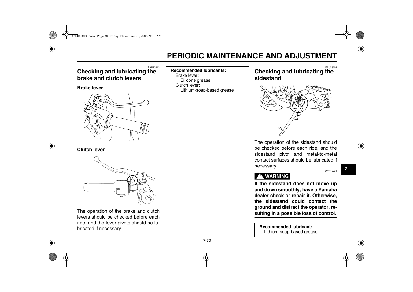 Checking and lubricating the, Brake and clutch levers -30, Sidestand -30 | Periodic maintenance and adjustment | Yamaha YZFR1Y(C) User Manual | Page 85 / 122