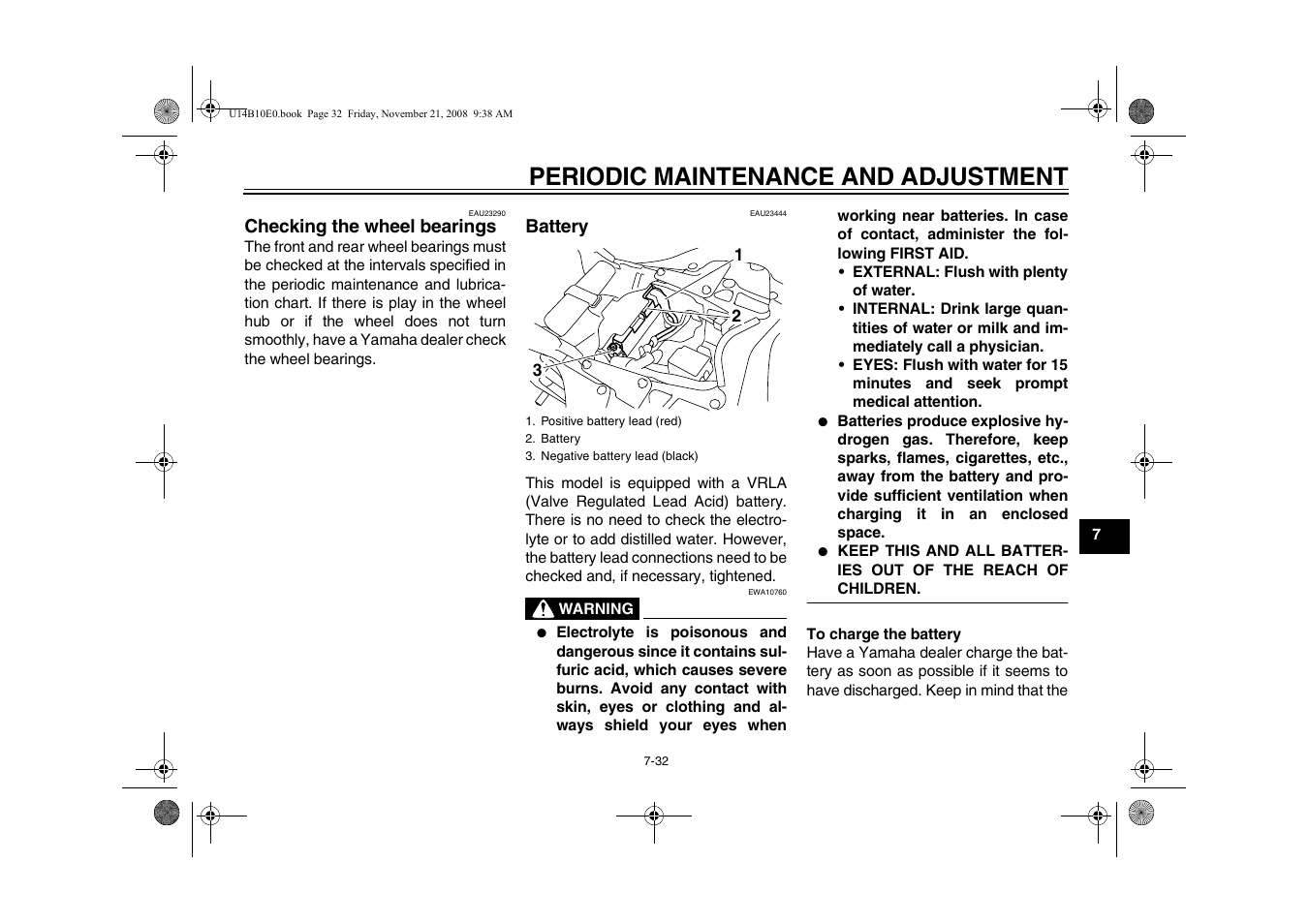 Checking the wheel bearings -32, Battery -32, Periodic maintenance and adjustment | Yamaha YZFR1Y(C) User Manual | Page 87 / 122
