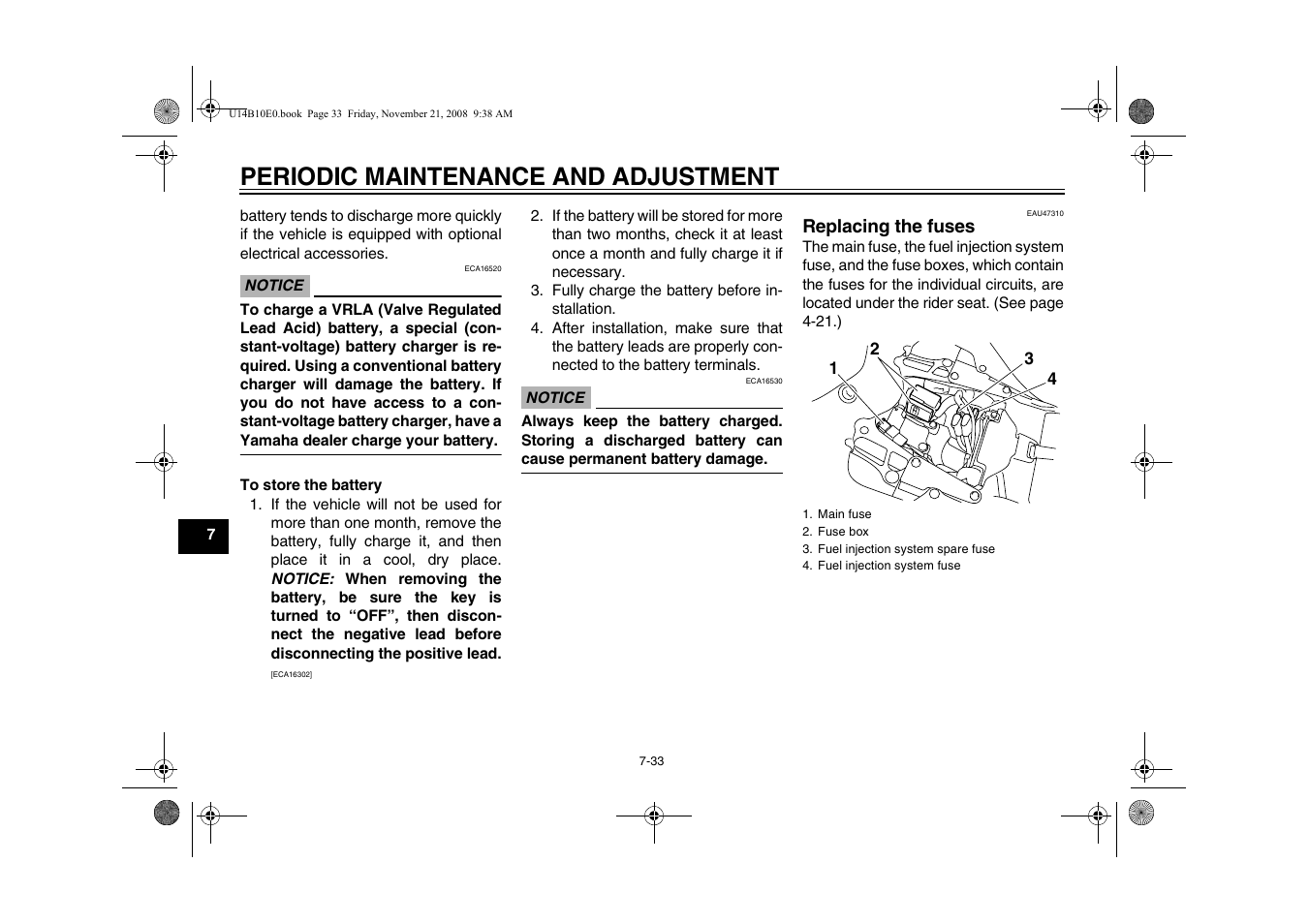 Replacing the fuses -33, Age 7-33, Periodic maintenance and adjustment | Yamaha YZFR1Y(C) User Manual | Page 88 / 122