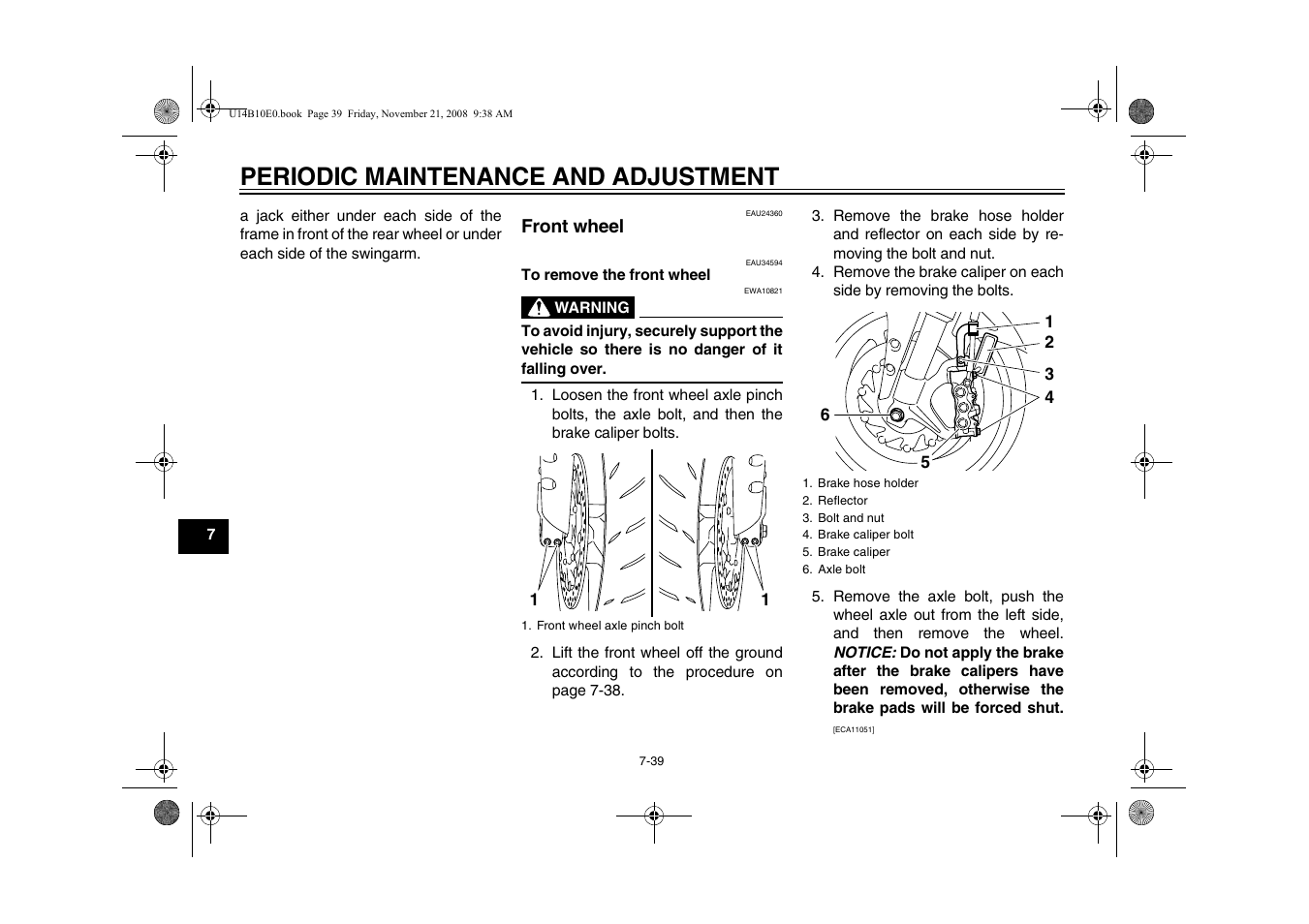 Front wheel -39, Periodic maintenance and adjustment | Yamaha YZFR1Y(C) User Manual | Page 94 / 122