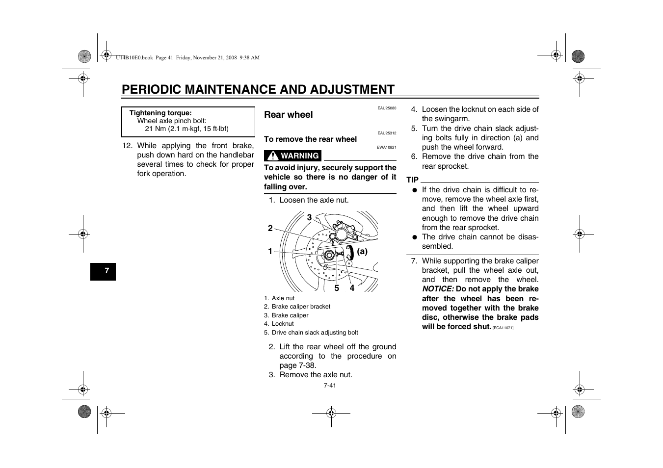 Rear wheel -41, Periodic maintenance and adjustment | Yamaha YZFR1Y(C) User Manual | Page 96 / 122