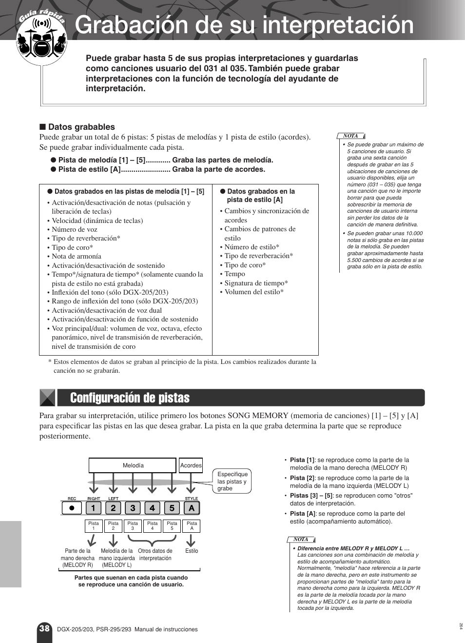 Grabación de su interpretación, Configuración de pistas | Yamaha Portable Grand PSR-295 User Manual | Page 38 / 98