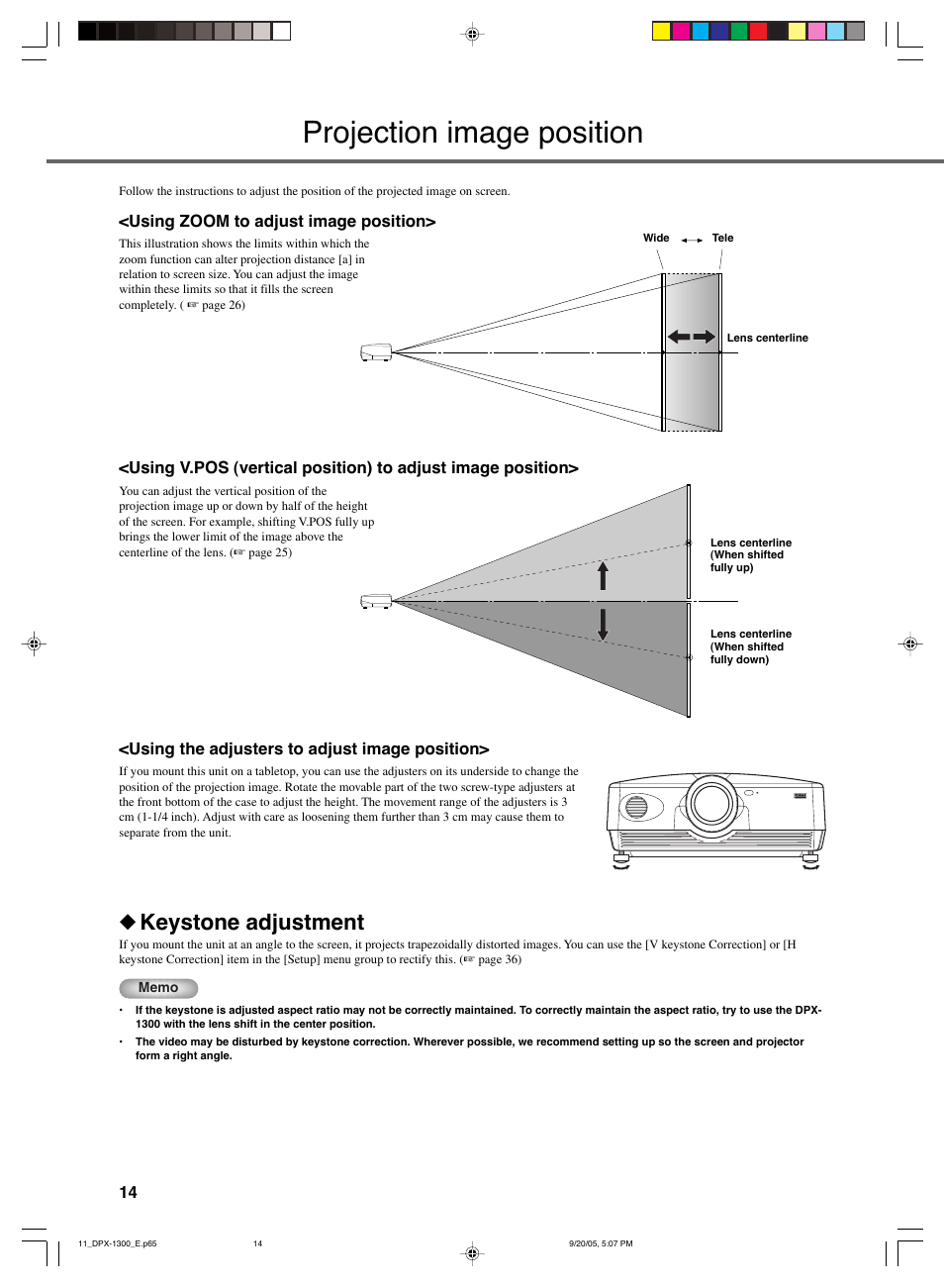 Projection image position, Keystone adjustment | Yamaha DPX-1300 G User Manual | Page 16 / 67