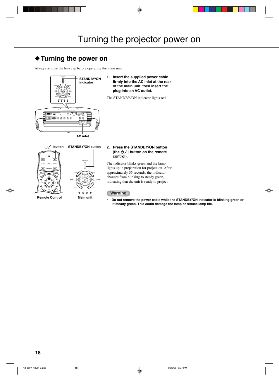 Turning the projector power on, Turning the power on, Warning | Yamaha DPX-1300 G User Manual | Page 20 / 67