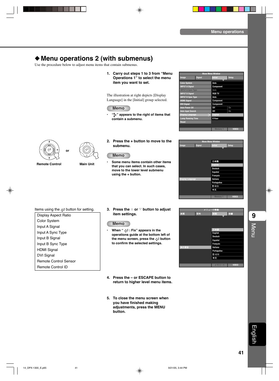 Menu operations 2 (with submenus), Menu, English | Menu operations | Yamaha DPX-1300 G User Manual | Page 43 / 67