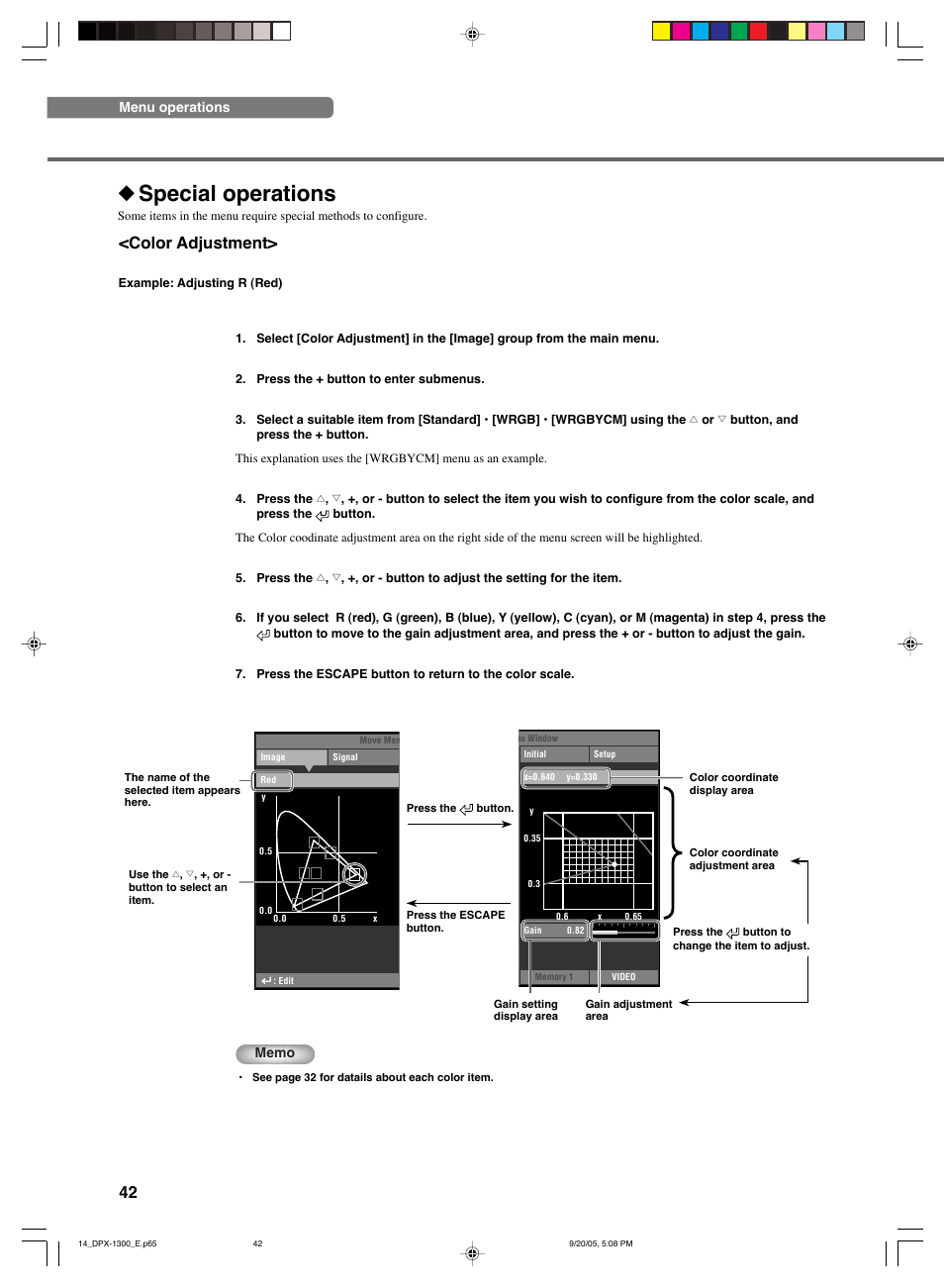 Special operations, 42 <color adjustment | Yamaha DPX-1300 G User Manual | Page 44 / 67