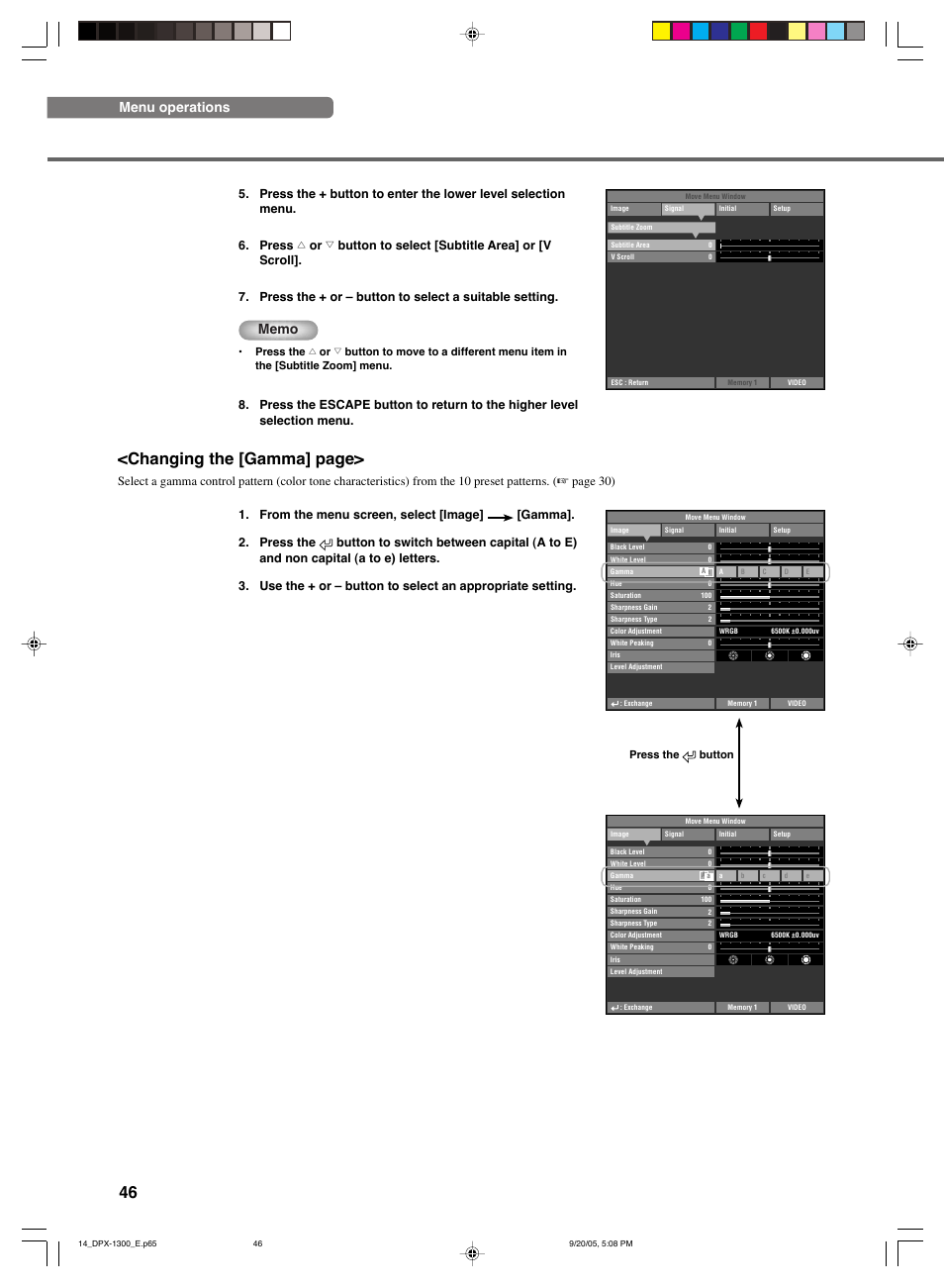 Changing the [gamma] page, Menu operations | Yamaha DPX-1300 G User Manual | Page 48 / 67