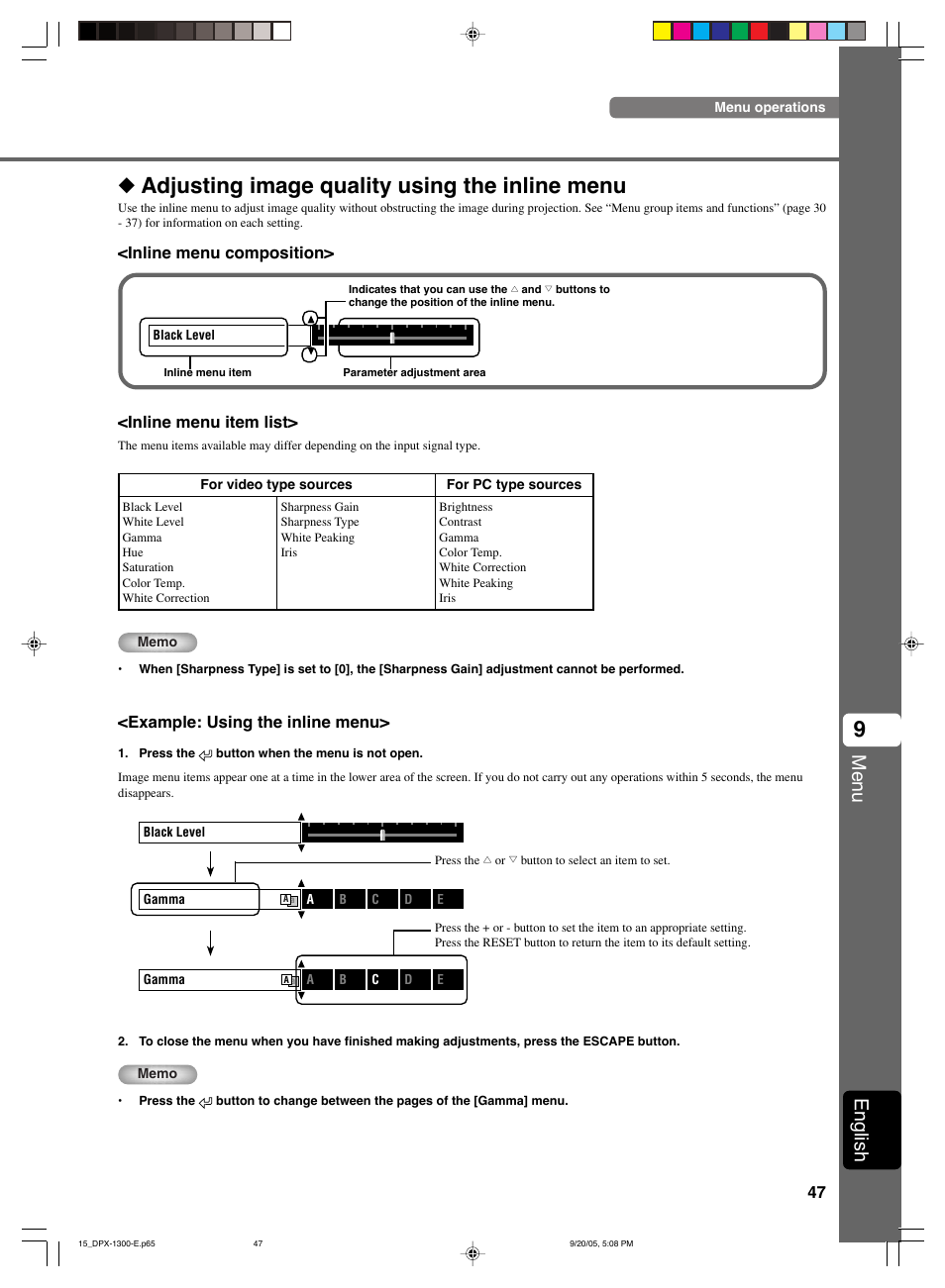 Adjusting image quality using the inline menu, Menu, English | Yamaha DPX-1300 G User Manual | Page 49 / 67