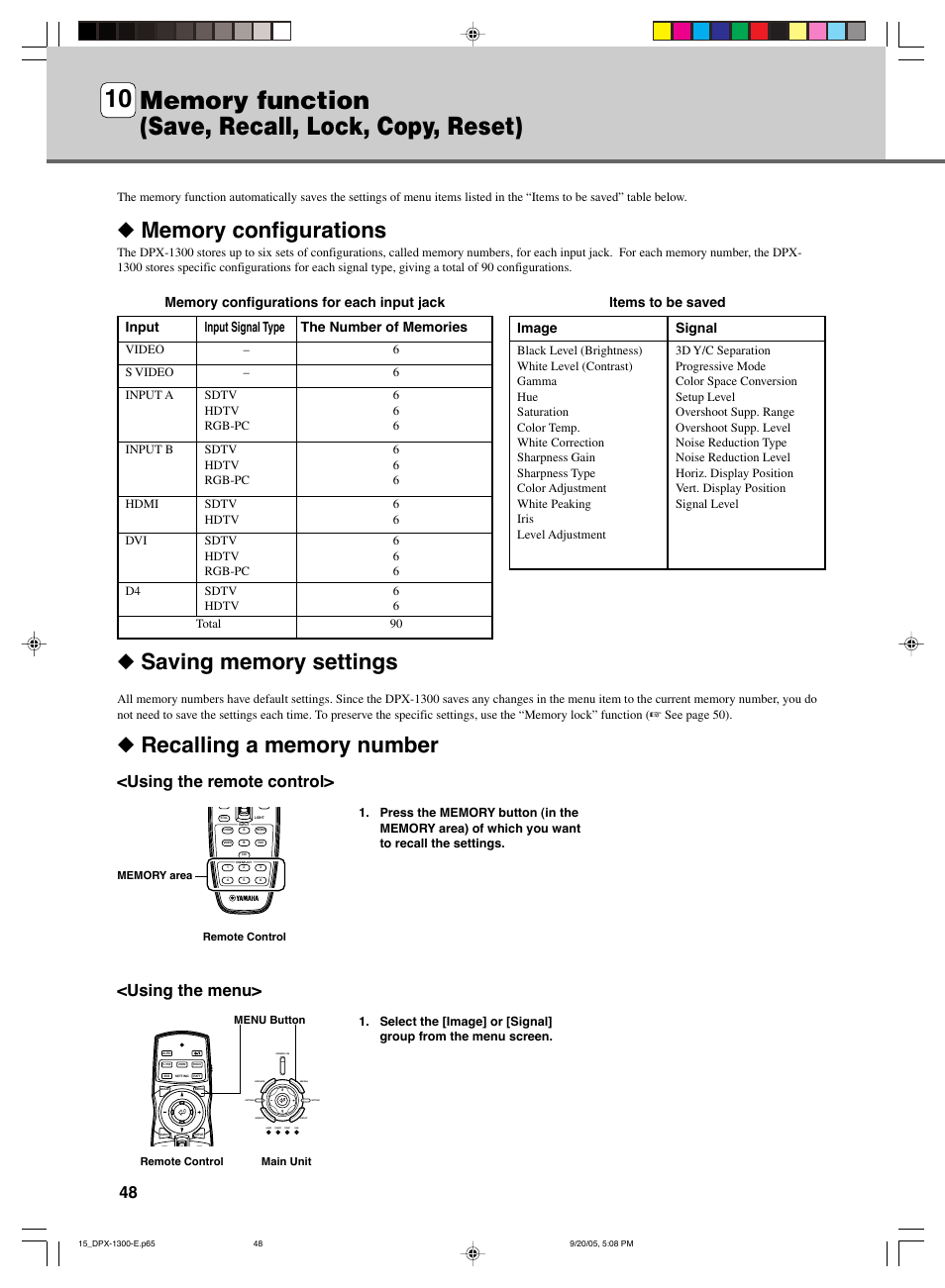 Using the remote control, Using the menu, Signal | Input signal type input | Yamaha DPX-1300 G User Manual | Page 50 / 67