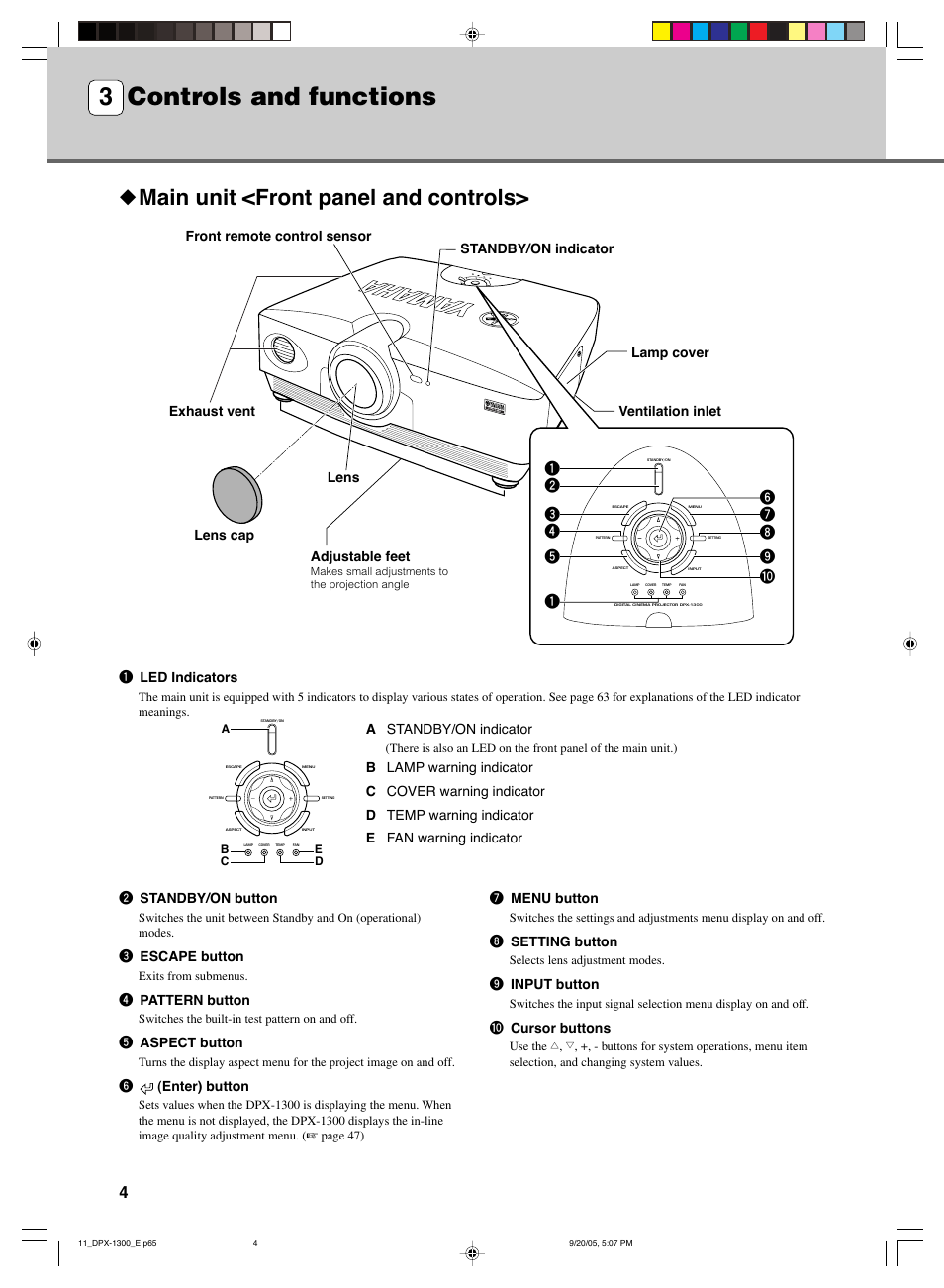 3 controls and functions, Main unit <front panel and controls, 2 standby/on button | 3 escape button, 4 pattern button, 5 aspect button, 6(enter) button, 1 led indicators, 7 menu button, 8 setting button | Yamaha DPX-1300 G User Manual | Page 6 / 67