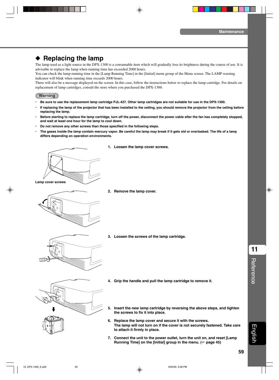 Replacing the lamp, Reference, English | Yamaha DPX-1300 G User Manual | Page 61 / 67