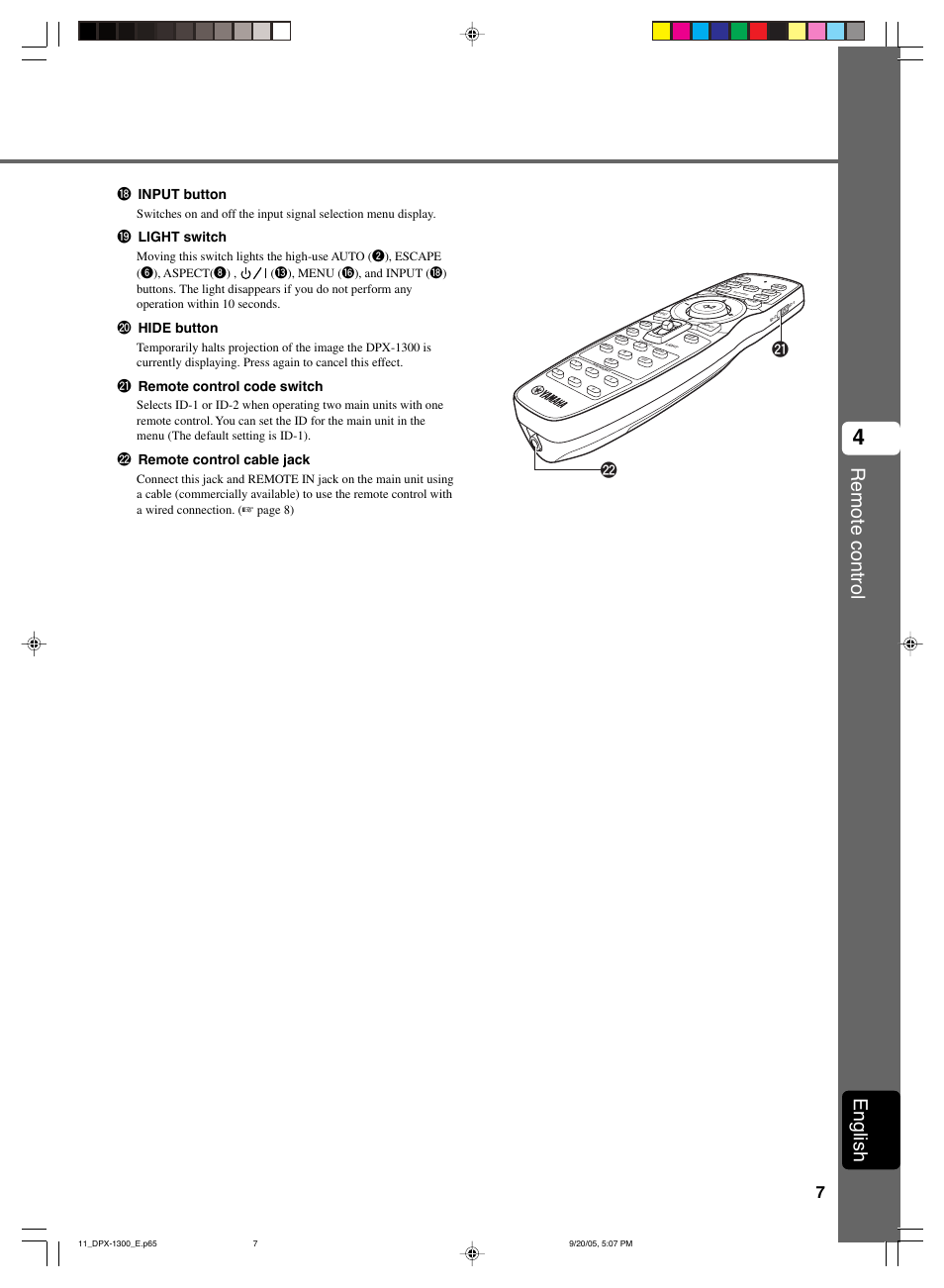 Remote control, English, I input button | O light switch, P hide button, A remote control code switch, S remote control cable jack | Yamaha DPX-1300 G User Manual | Page 9 / 67