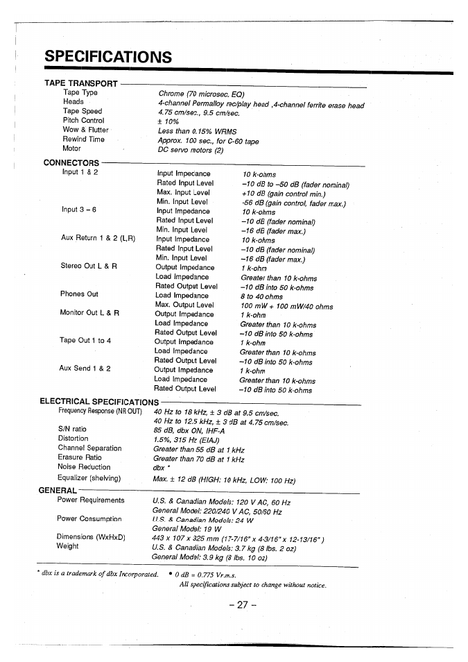 Specifications | Yamaha MT3X User Manual | Page 28 / 92