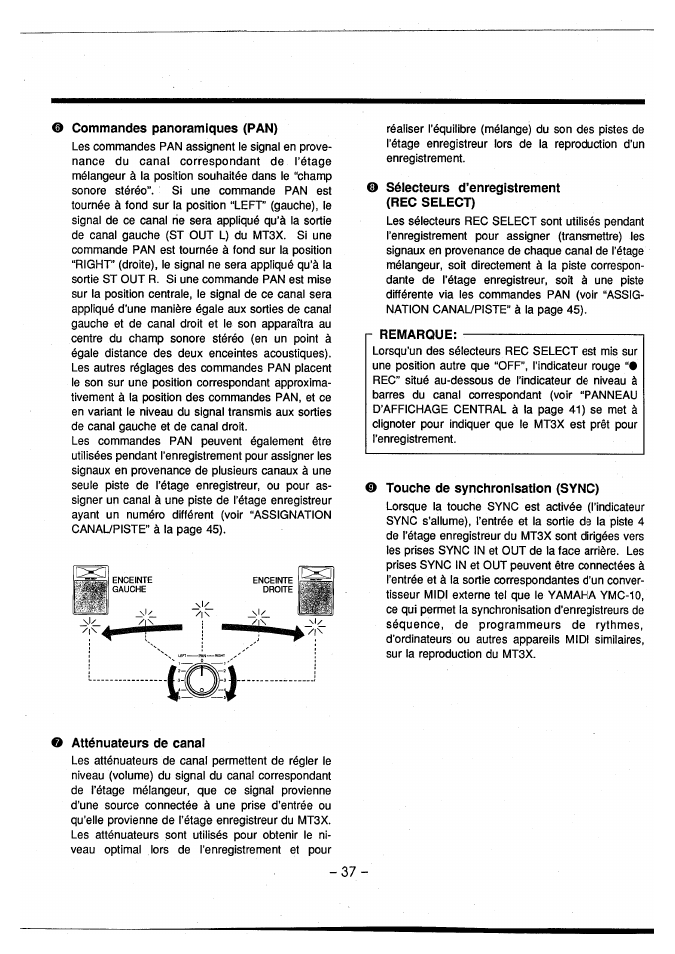 0 commandes panoramiques (pan), 0 sélecteurs d’enregistrement (rec select), Remarque | 0 touche de synchronisation (sync), O atténuateurs de canal | Yamaha MT3X User Manual | Page 38 / 92