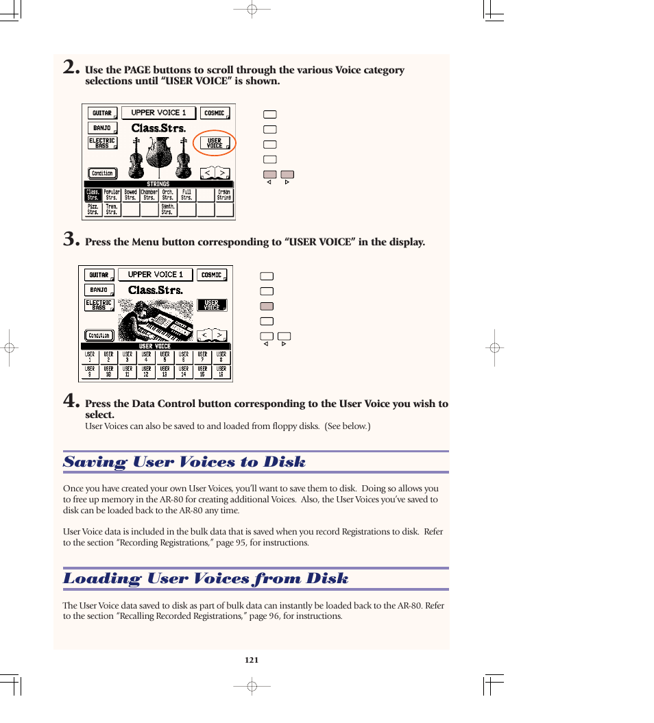 Saving user voices to disk, Loading user voices from disk | Yamaha AR-80 User Manual | Page 127 / 180