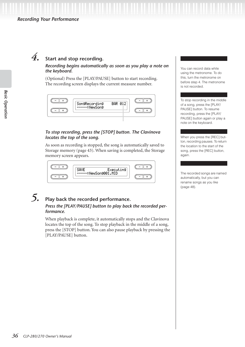 Recording your performance, Start and stop recording, Play back the recorded performance | Yamaha CLP-280 User Manual | Page 36 / 124