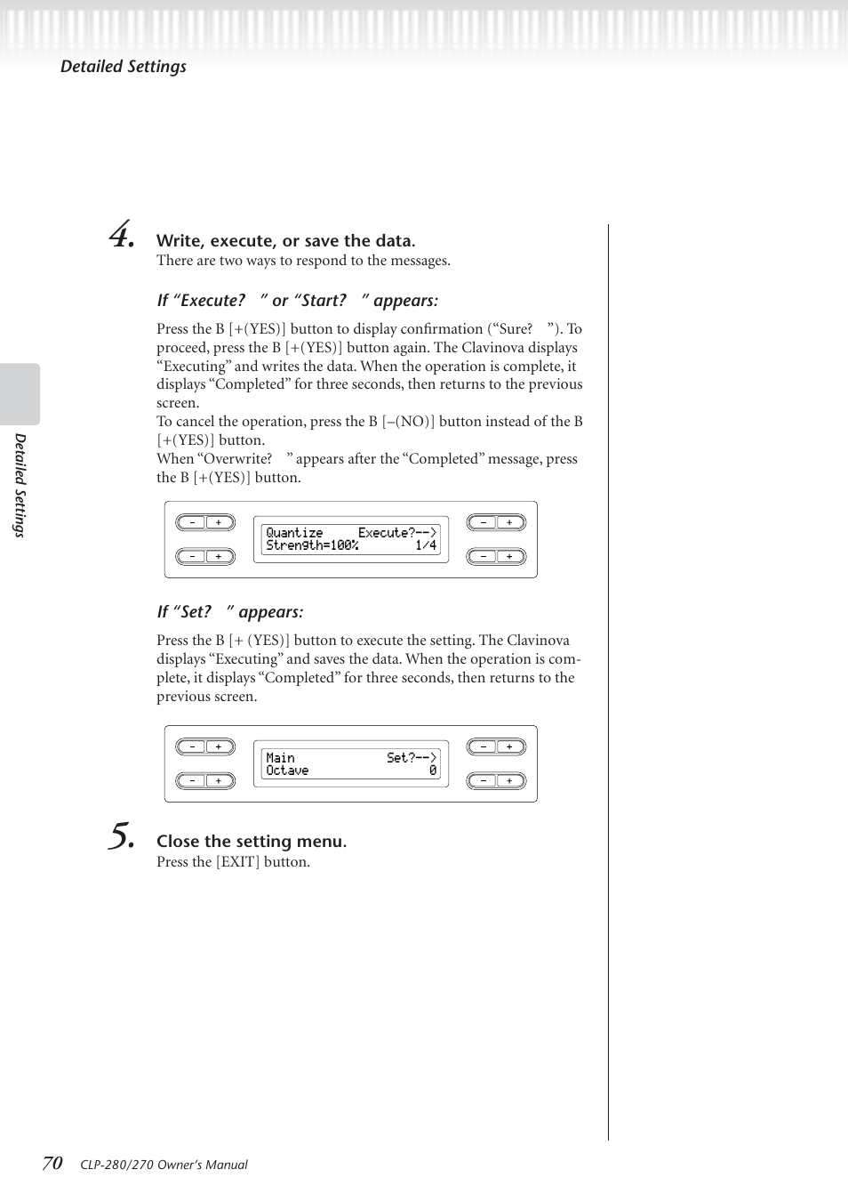 Detailed settings, Write, execute, or save the data, If “execute | Or “start, Appears, If “set, Close the setting menu | Yamaha CLP-280 User Manual | Page 70 / 124