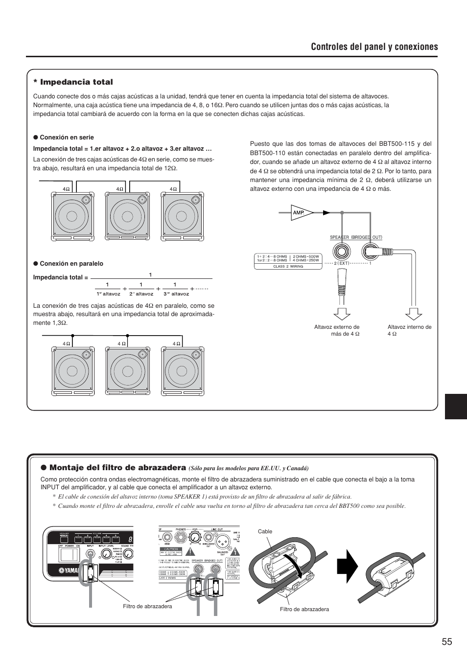Controles del panel y conexiones, Impedancia total, Montaje del filtro de abrazadera | Yamaha BBT500-110 User Manual | Page 10 / 21