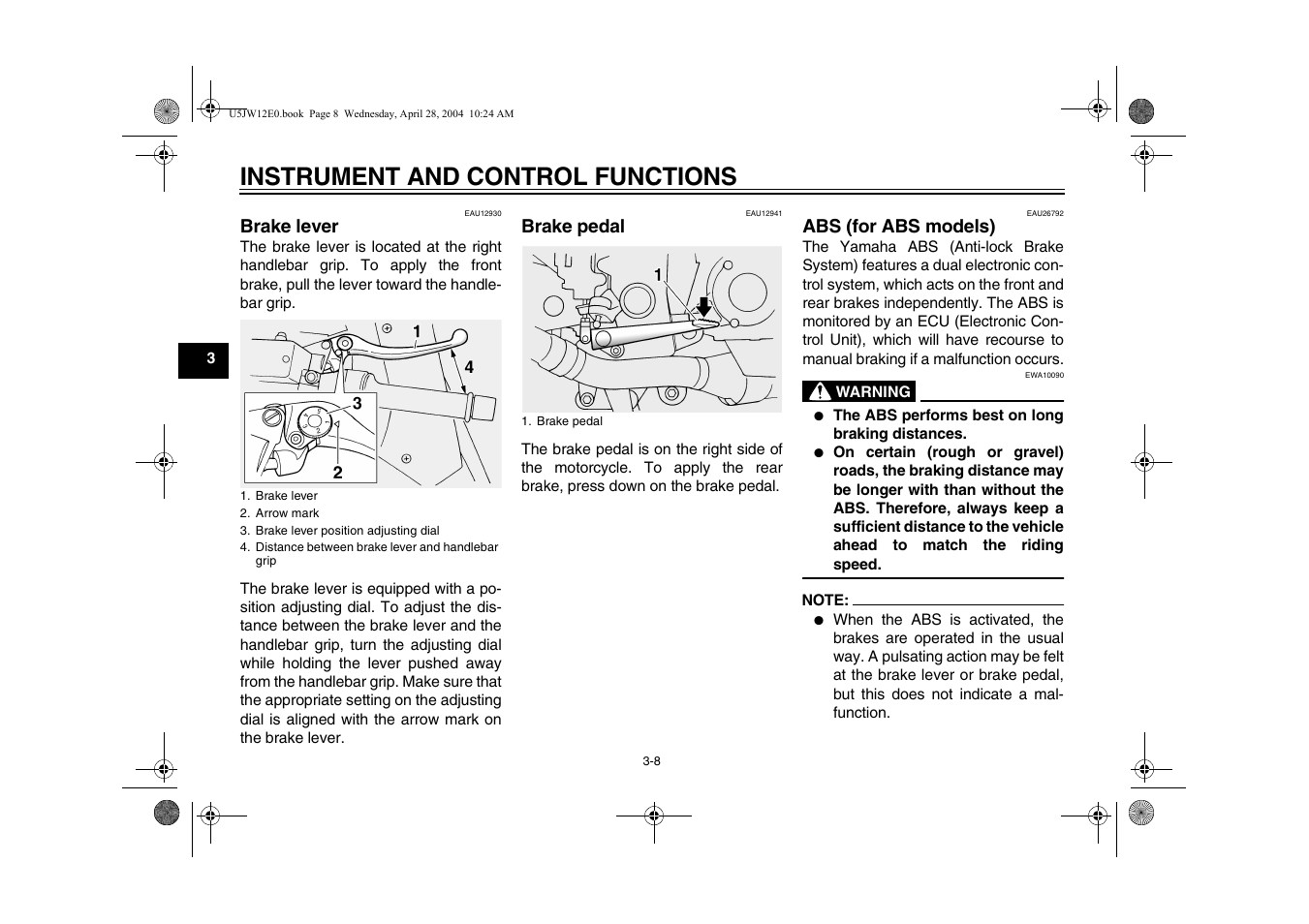 Brake lever and pedal, Instrument and control functions, Brake lever | Brake pedal, Abs (for abs models) | Yamaha FJR1300T(C) User Manual | Page 26 / 100