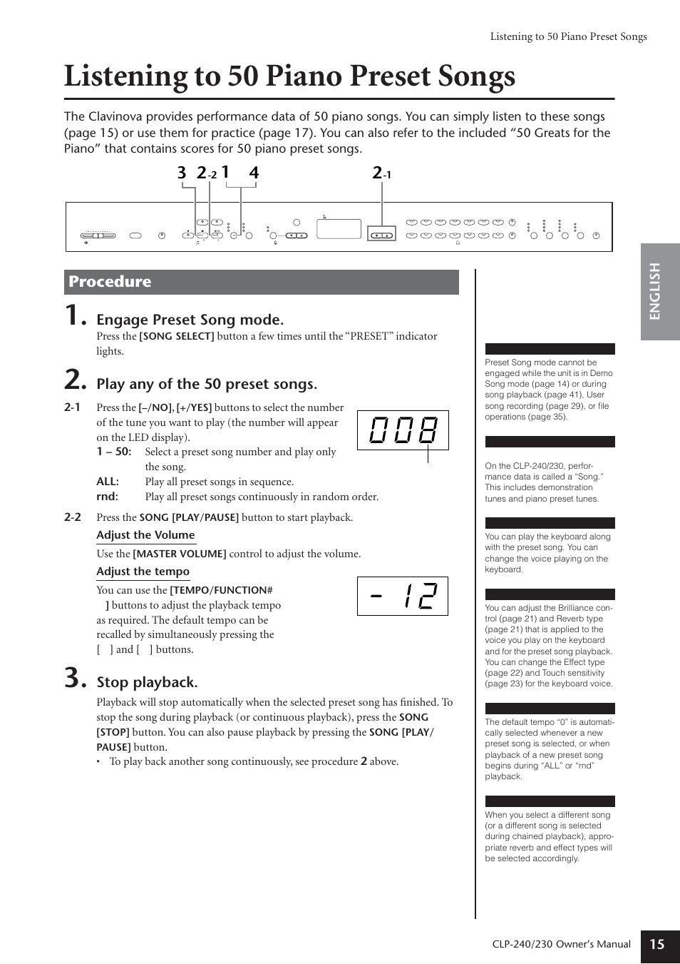 Listening to 50 piano preset songs, Procedure, Engage preset song mode | Play any of the 50 preset songs, Stop playback, English 15, Press the, 1 press the, Buttons | Yamaha CLP-230 User Manual | Page 15 / 90