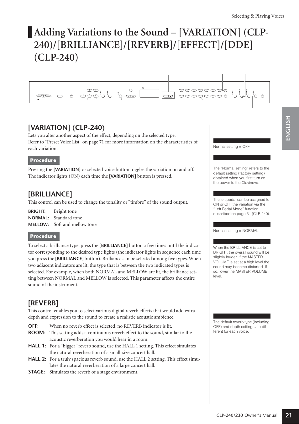 Variation] (clp-240), Brilliance, Reverb | English 21, Selecting & playing voices, Button is pressed, Bright tone, Standard tone, Procedure, Owner’s manual | Yamaha CLP-230 User Manual | Page 21 / 90