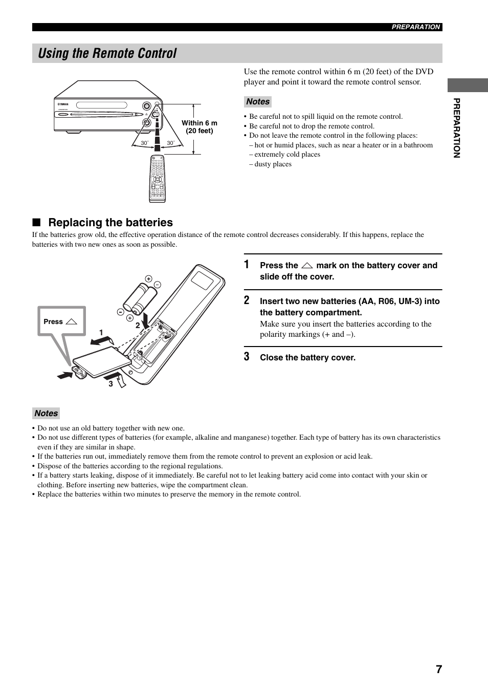 Using the remote control, Replacing the batteries | Yamaha DVD-S30 User Manual | Page 11 / 35