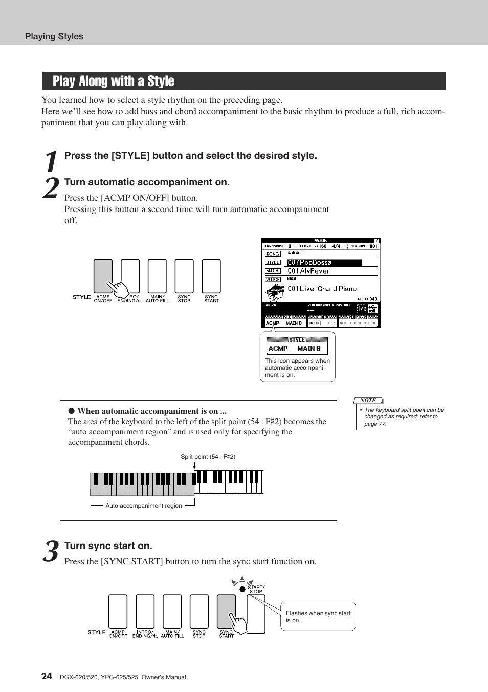 Play along with a style | Yamaha DGX-520 User Manual | Page 24 / 142