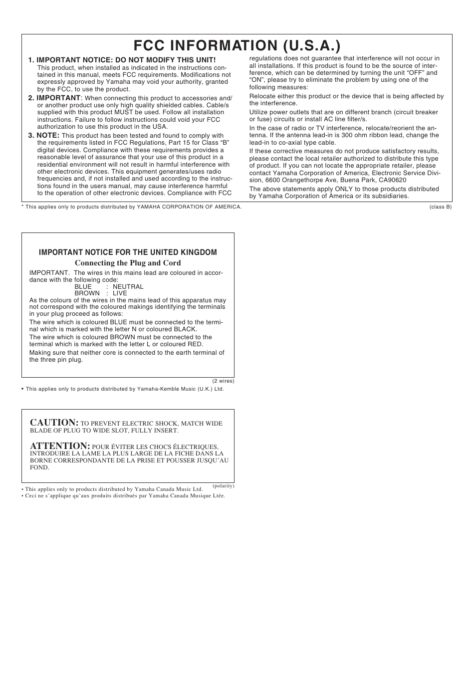 Fcc information (u.s.a.), Caution, Attention | Yamaha Clavinova CLP-930 User Manual | Page 64 / 66