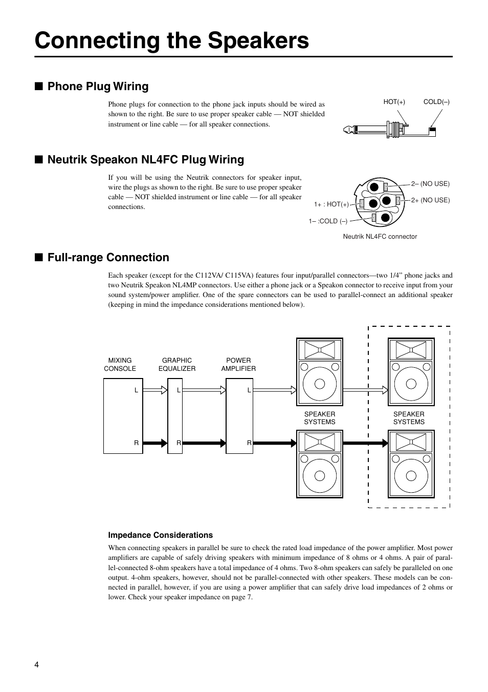 Connecting the speakers, Phone plug wiring, Neutrik speakon nl4fc plug wiring | Full-range connection | Yamaha CM15V User Manual | Page 4 / 11