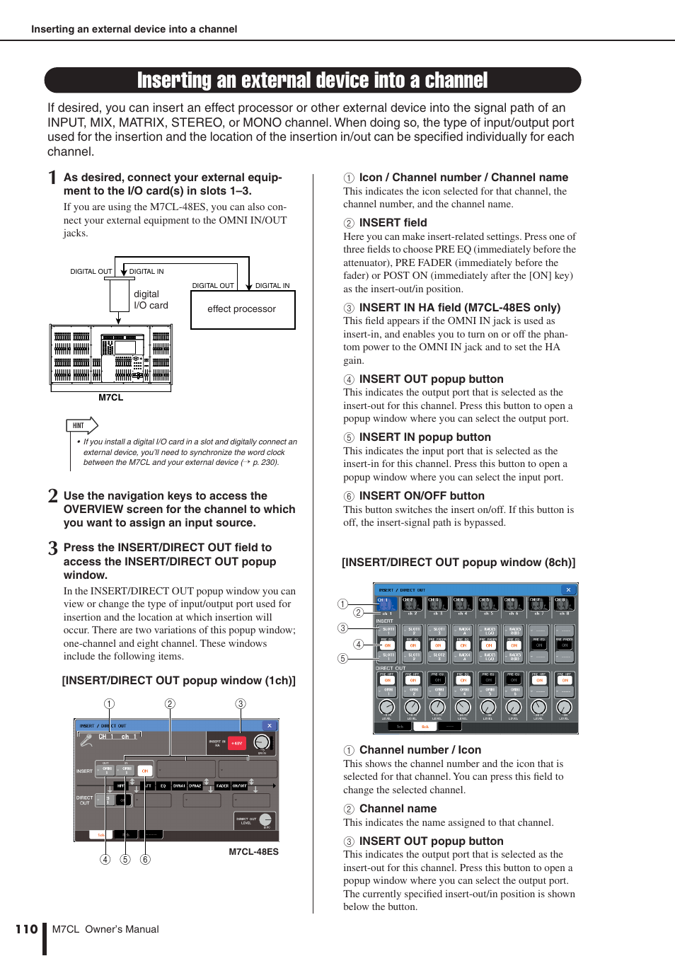 Inserting an external device into a channel, P. 110) | Yamaha M7CL-32 User Manual | Page 110 / 312