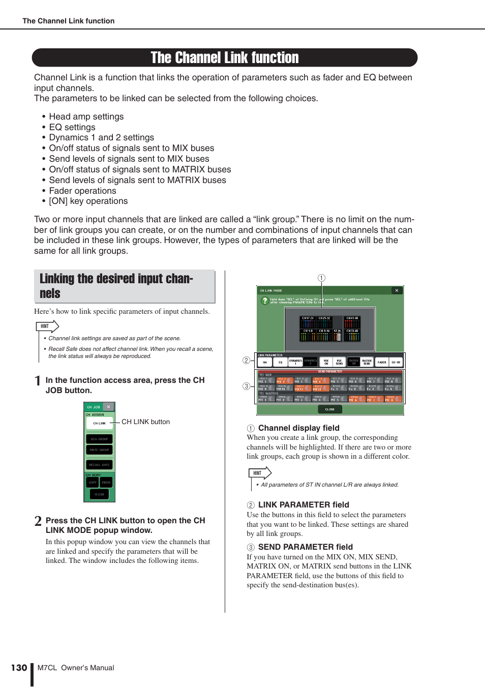 The channel link function, Linking the desired input channels, Linking the desired input chan- nels | Yamaha M7CL-32 User Manual | Page 130 / 312