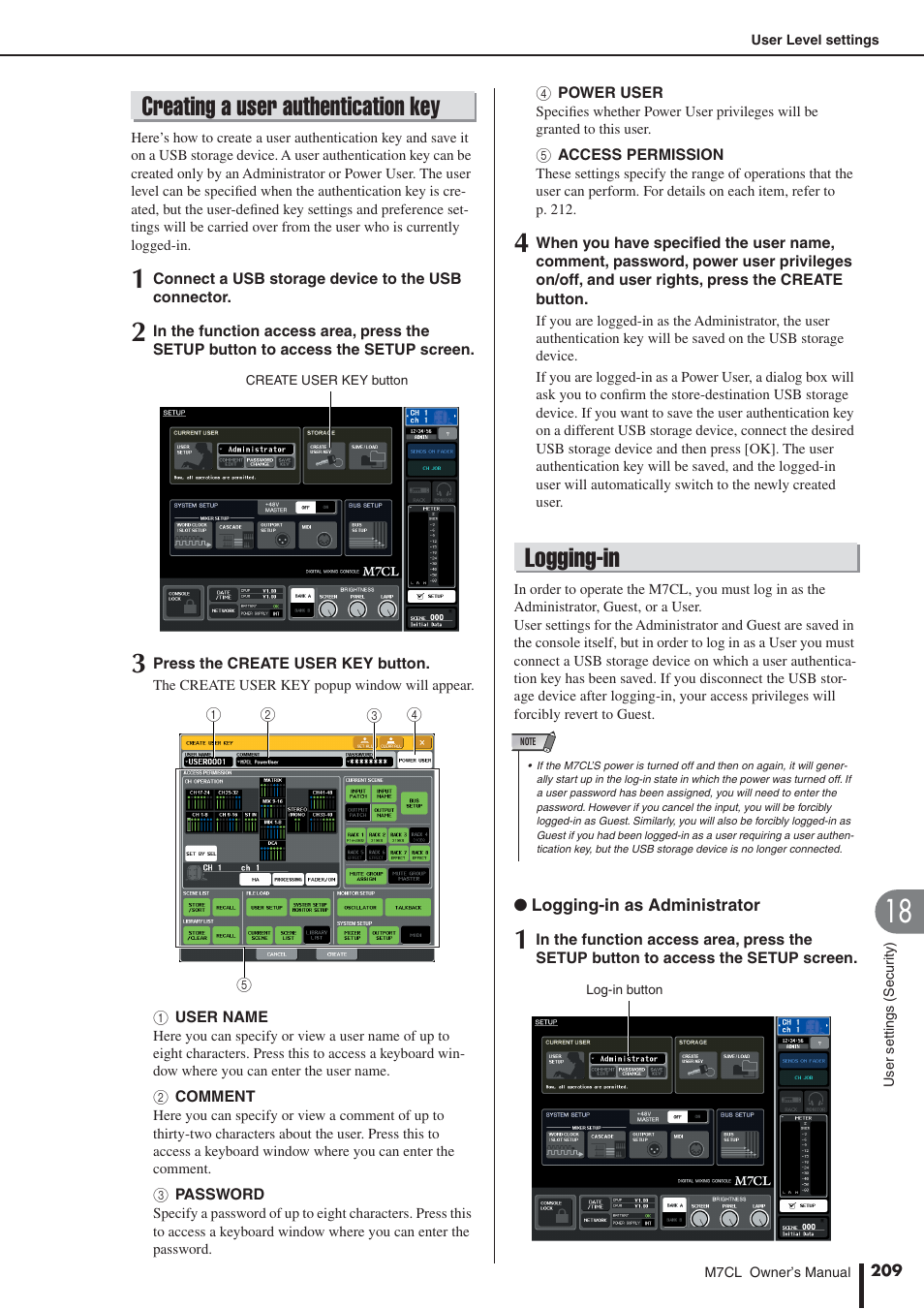 Creating a user authentication key, Logging-in | Yamaha M7CL-32 User Manual | Page 209 / 312