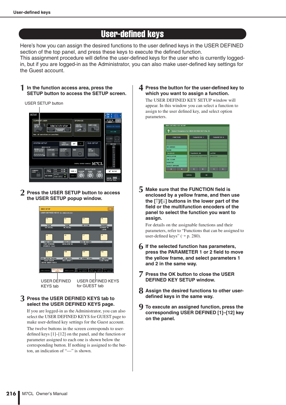 User-defined keys, P. 216), Er to “user-defined | Keys, P. 216) and pref | Yamaha M7CL-32 User Manual | Page 216 / 312
