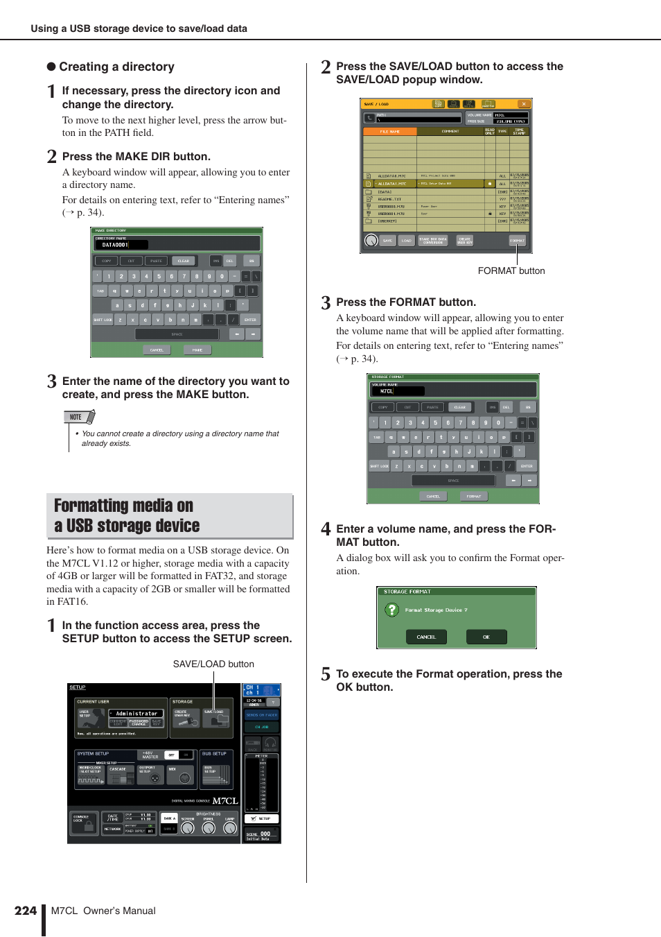 Formatting media on a usb storage device, P. 224) | Yamaha M7CL-32 User Manual | Page 224 / 312