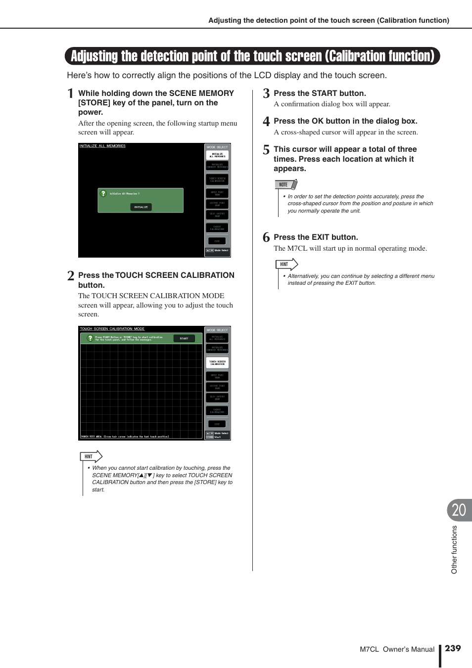 Adjusting the detection point of the touch screen, Calibration function) | Yamaha M7CL-32 User Manual | Page 239 / 312
