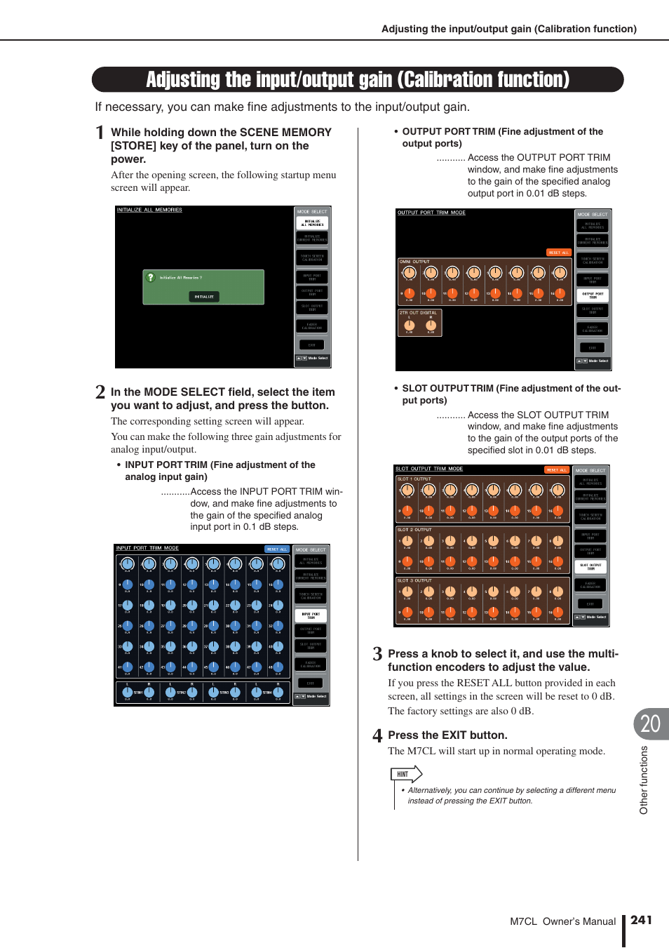 Adjusting the input/output gain, Calibration function) | Yamaha M7CL-32 User Manual | Page 241 / 312
