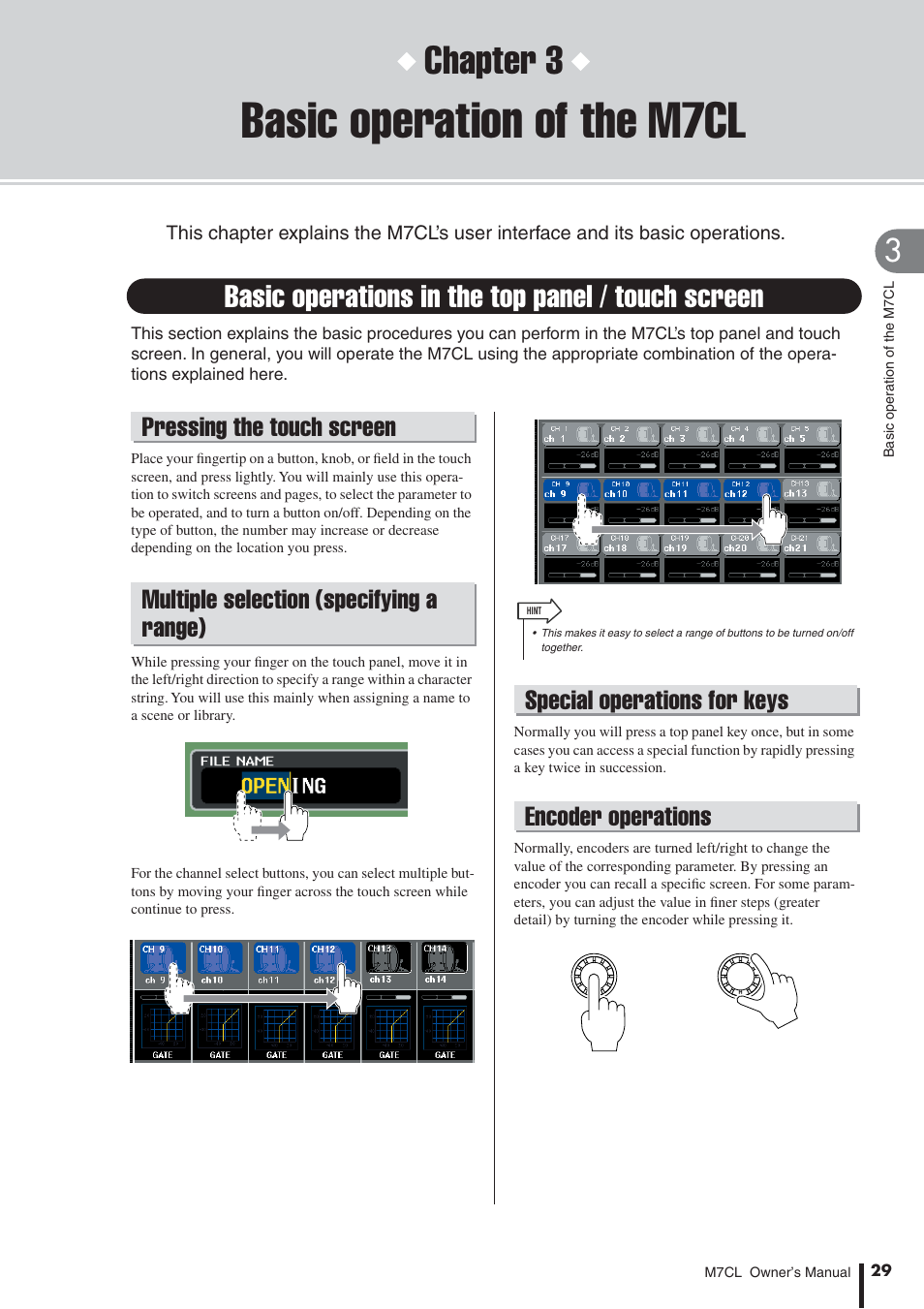 Basic operation of the m7cl, Basic operations in the top panel / touch screen, Pressing the touch screen | Multiple selection (specifying a range), Special operations for keys, Encoder operations, Chapter 3, Special operations for keys encoder operations | Yamaha M7CL-32 User Manual | Page 29 / 312