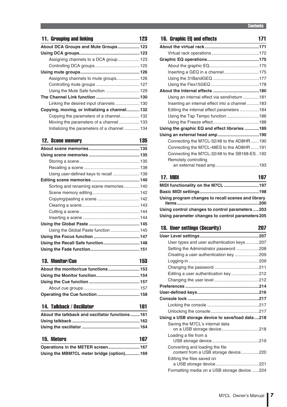 Grouping and linking 123, Monitor/cue 153, Talkback / oscillator 161 | Meters 167, Graphic eq and effects 171, Midi 197, User settings (security) 207 | Yamaha M7CL-32 User Manual | Page 7 / 312