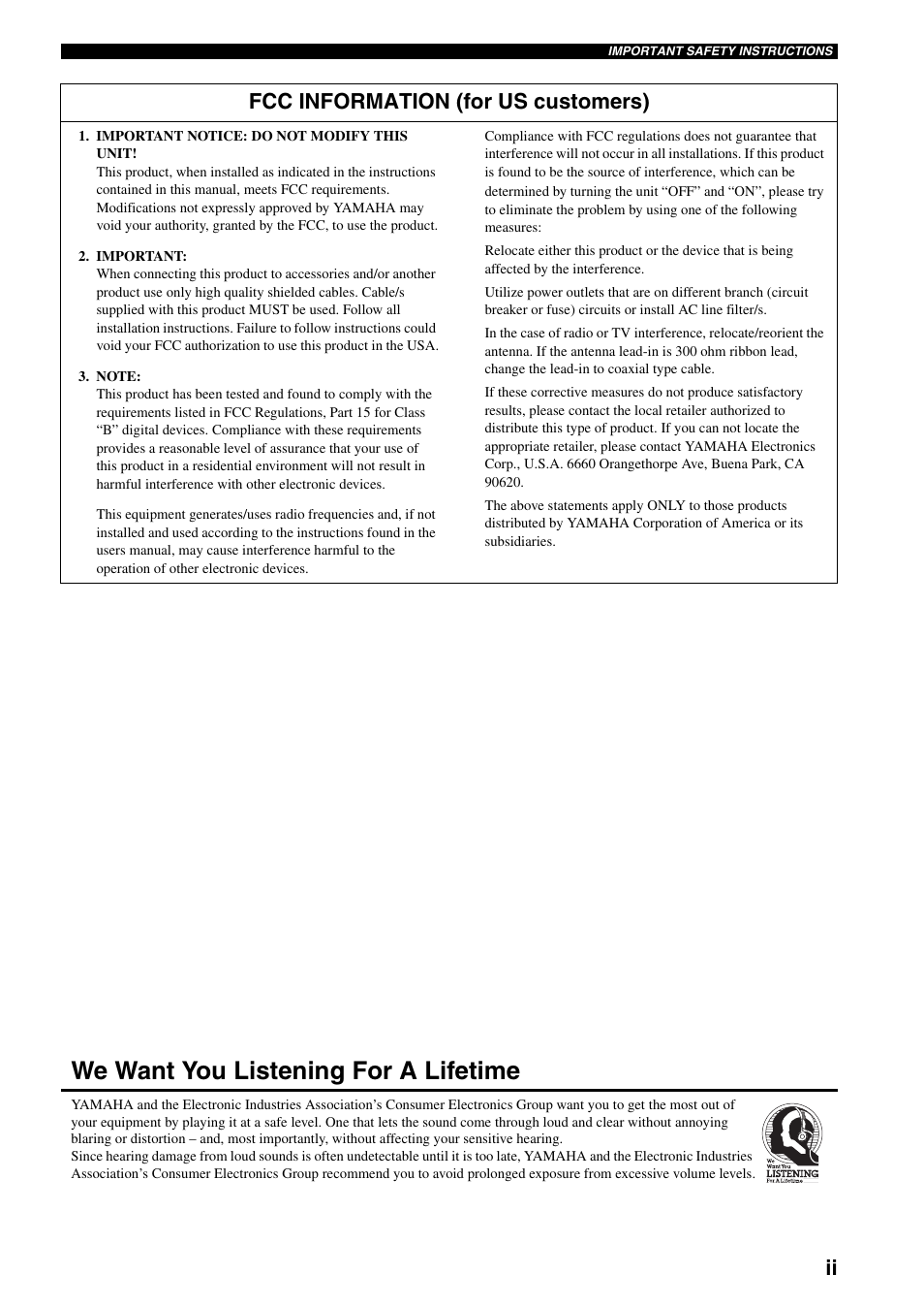 We want you listening for a lifetime, Ii fcc information (for us customers) | Yamaha YSP-1000 User Manual | Page 3 / 106